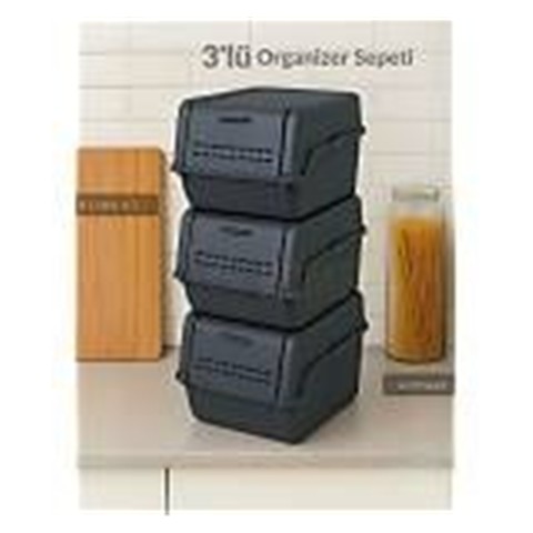 Jet's Home 3'Lü Set Organizer Erzak Kutusu Bpa Free Saklama Kutusu Soğanlık Sebzelik Sepet Antrasit 8 L X 3