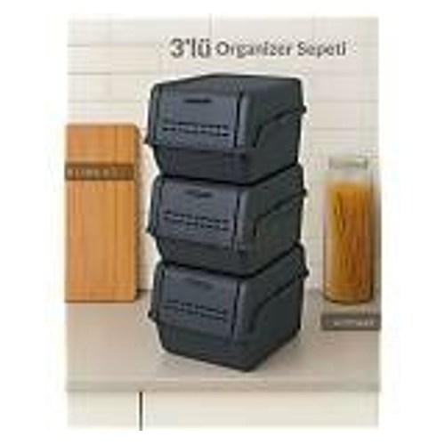 Jet's Home 3'Lü Set Organizer Erzak Kutusu Bpa Free Saklama Kutusu Soğanlık Sebzelik Sepet Antrasit 8 L X 3