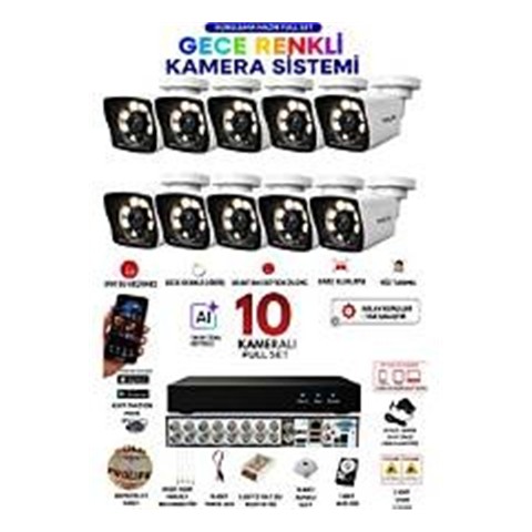 Prolife 10 Kameralı 5 MP Full HD Gece Renkli Yüz Ve Araç Algılamalı Kuruluma Hazır Full Güvenlik Kamerası Seti