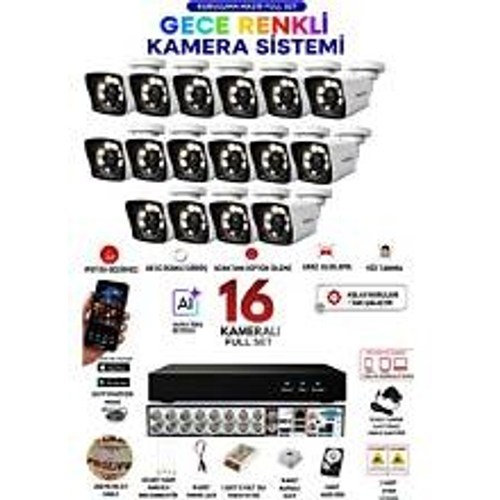 Prolife 16 Kameralı 5 MP Full HD Gece Renkli Yüz Ve Araç Algılamalı Kuruluma Hazır Full Güvenlik Kamerası Seti