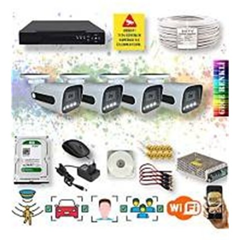 Qromax 4 Kameralı Set - Araç İnsan Yüz Hareket Algılayan Gece Renkli Gösteren 5 MP Lensli 1080P Güvenlik Kamerası Seti 784W-1