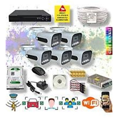 Qromax 5 Kameralı Set - Araç İnsan Yüz Hareket Algılayan Gece Renkli Gösteren 5 MP Lensli 1080P Güvenlik Kamerası Seti 784W-1