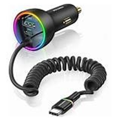 Rocoren 70W 3 Portlu 2Xtype-C 1Xusb-A Spiral Kablolu LED Işıklı Araç İçi Hızlı Şarj Cihazı
